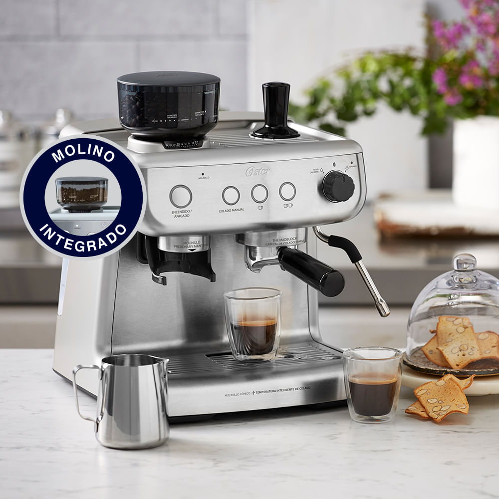 Cafetera Semiautomática Espresso con Molino 2 Tazas Inoxidable