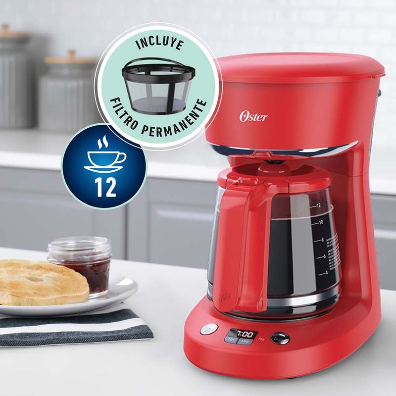 Cafetera programable Oster® de 12 tazas roja con auto apagado BVSTDCP12R