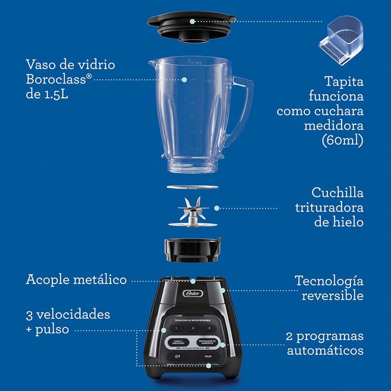 Oster BLSTPYG1209B Licuadora Reversible 3 Vel Vaso Vidrio 1.5L 600 Wat