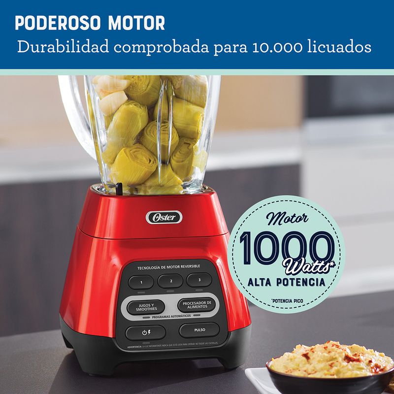 Licuadora Oster® roja con programas automáticos, tecnología